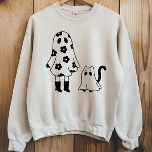 Floral‎ Ghost and Cat NEW tan crewneck sweatshirt